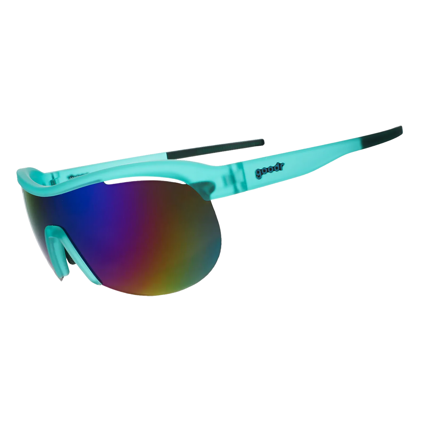 Turquoise Goodr sunglasses with a colorful lens on a white background