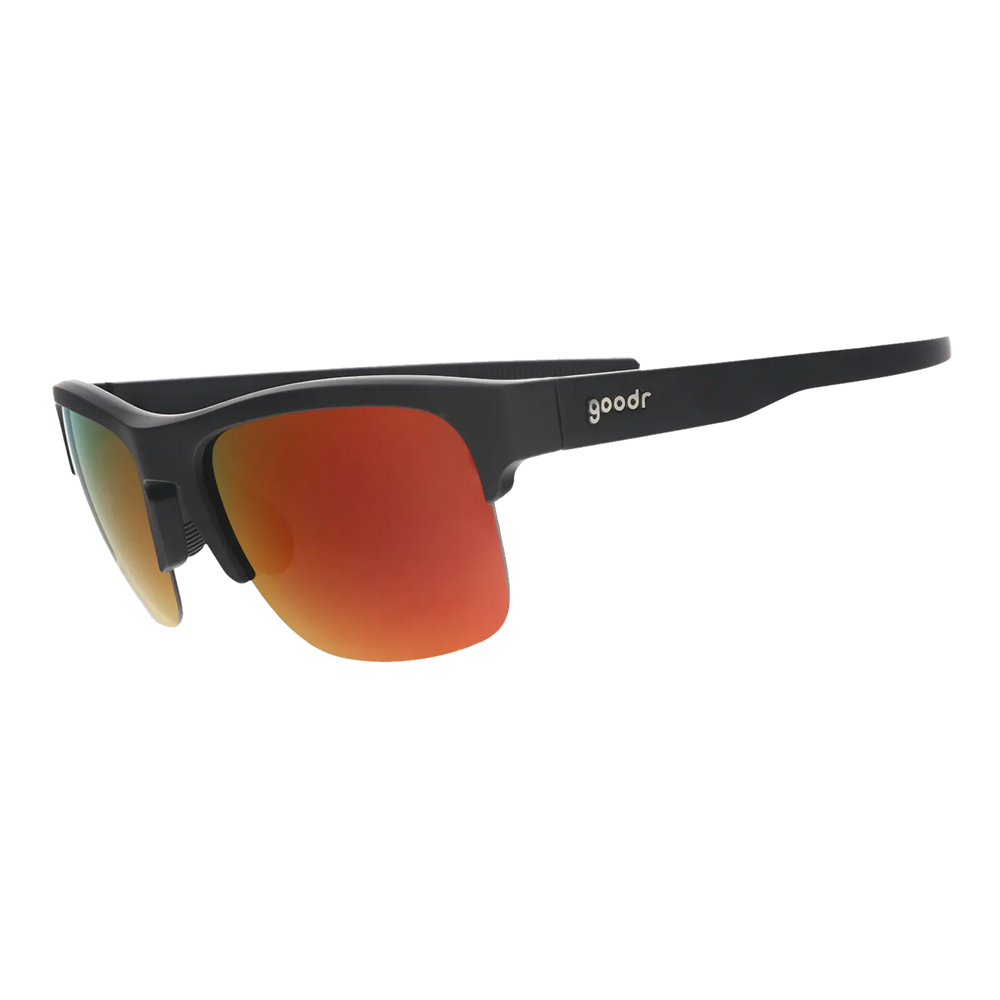 Angled view of the Goodr Unisex Flex G Sunglasses featuring a black half-rim frame and vibrant orange mirrored polarized lenses.