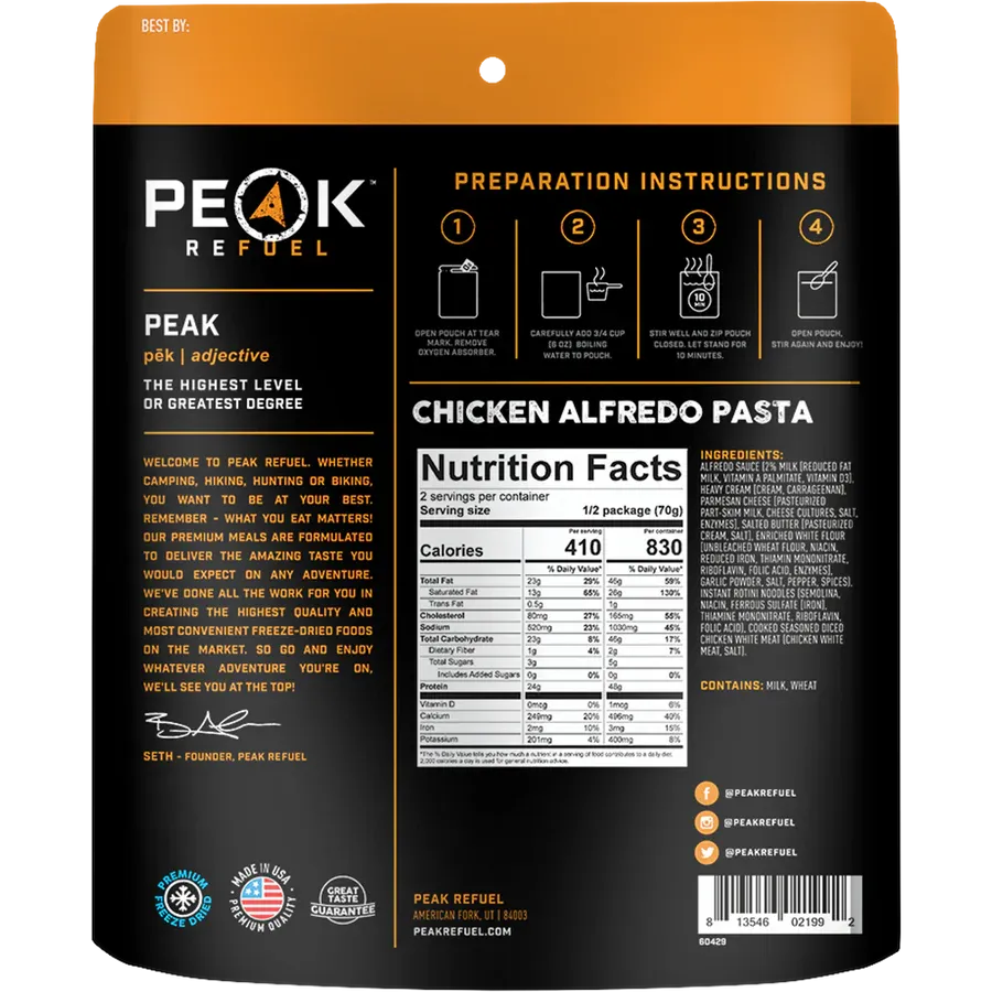 Peak Refuel Chicken Alfredo Pasta package with nutritional information and preparation instructions.