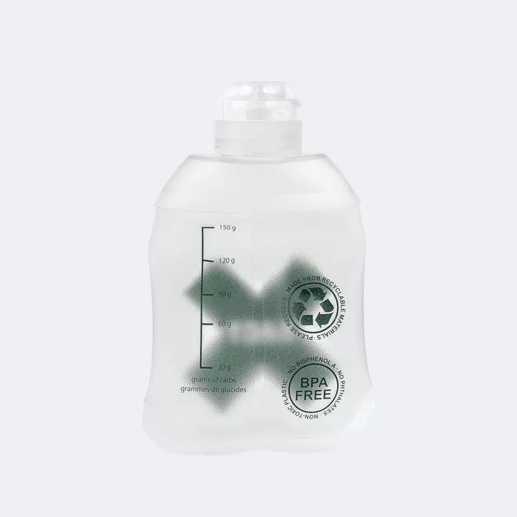 Xact Carb Scaled Soft Flask showing the explicit carbohydrate metric markings for precise trail running nutrition.