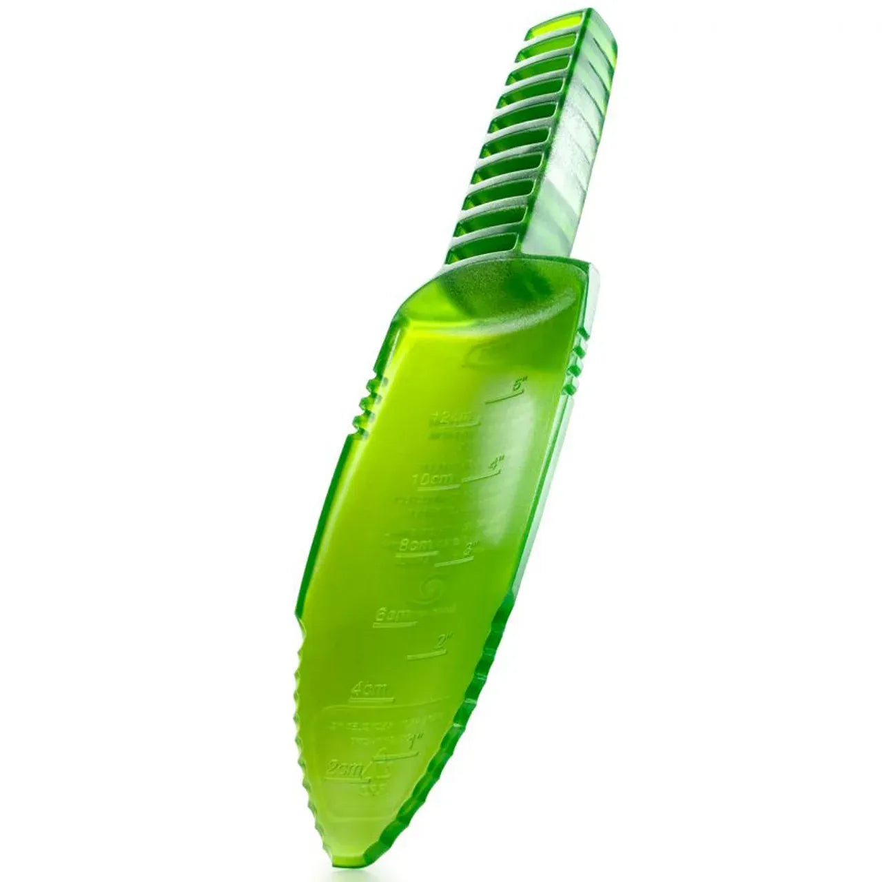 The GSI Outdoors Cathole Trowel in green, made from recycled polycarbonate with a serrated blade for digging in the backcountry.
