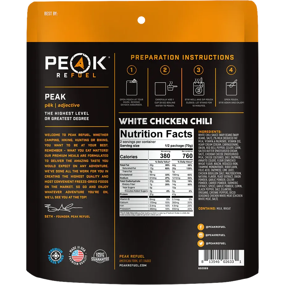 Peak Refuel White Chicken Chili package with nutritional information and preparation instructions.