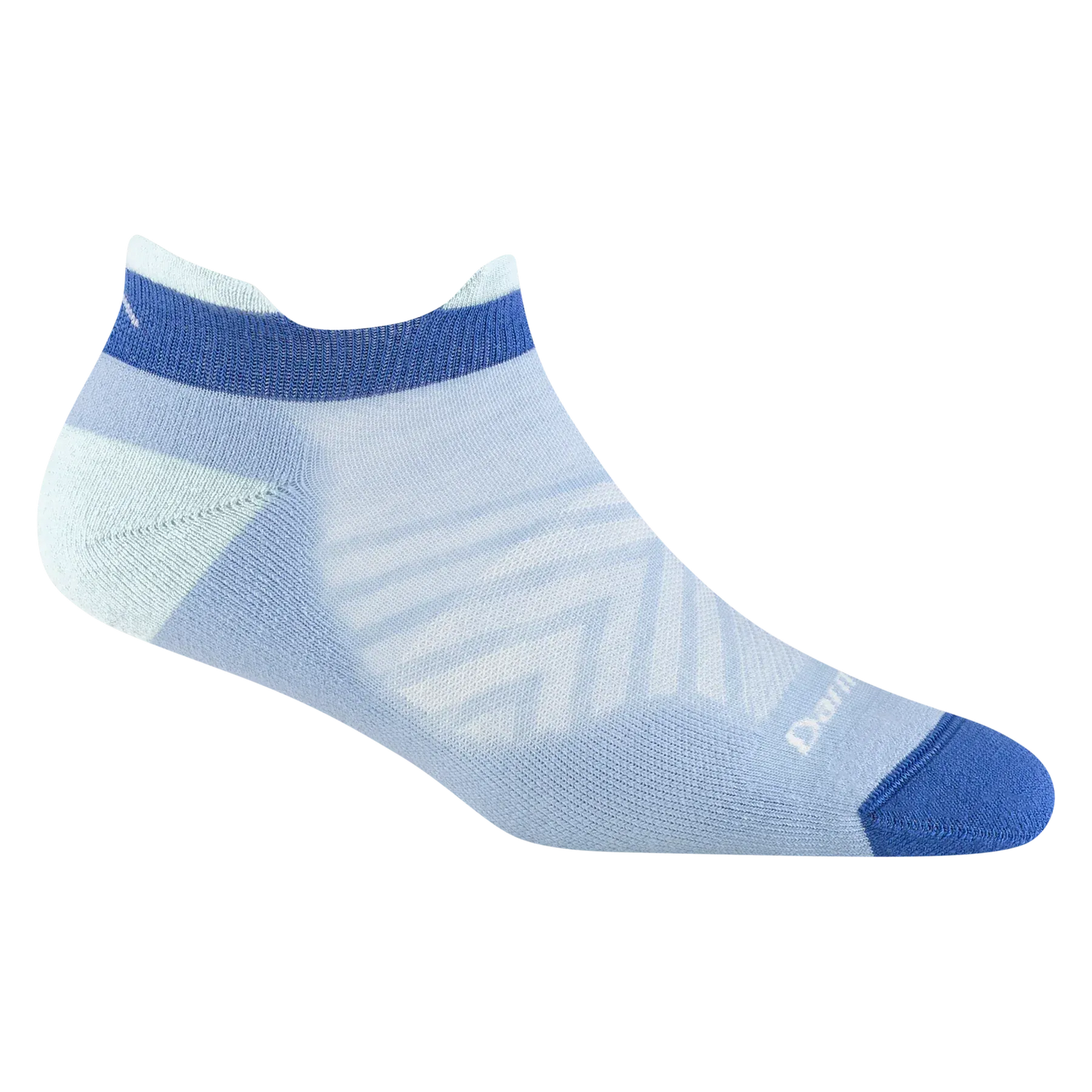 Darn Tough Light blue ankle running sock with dark blue accents on a white background