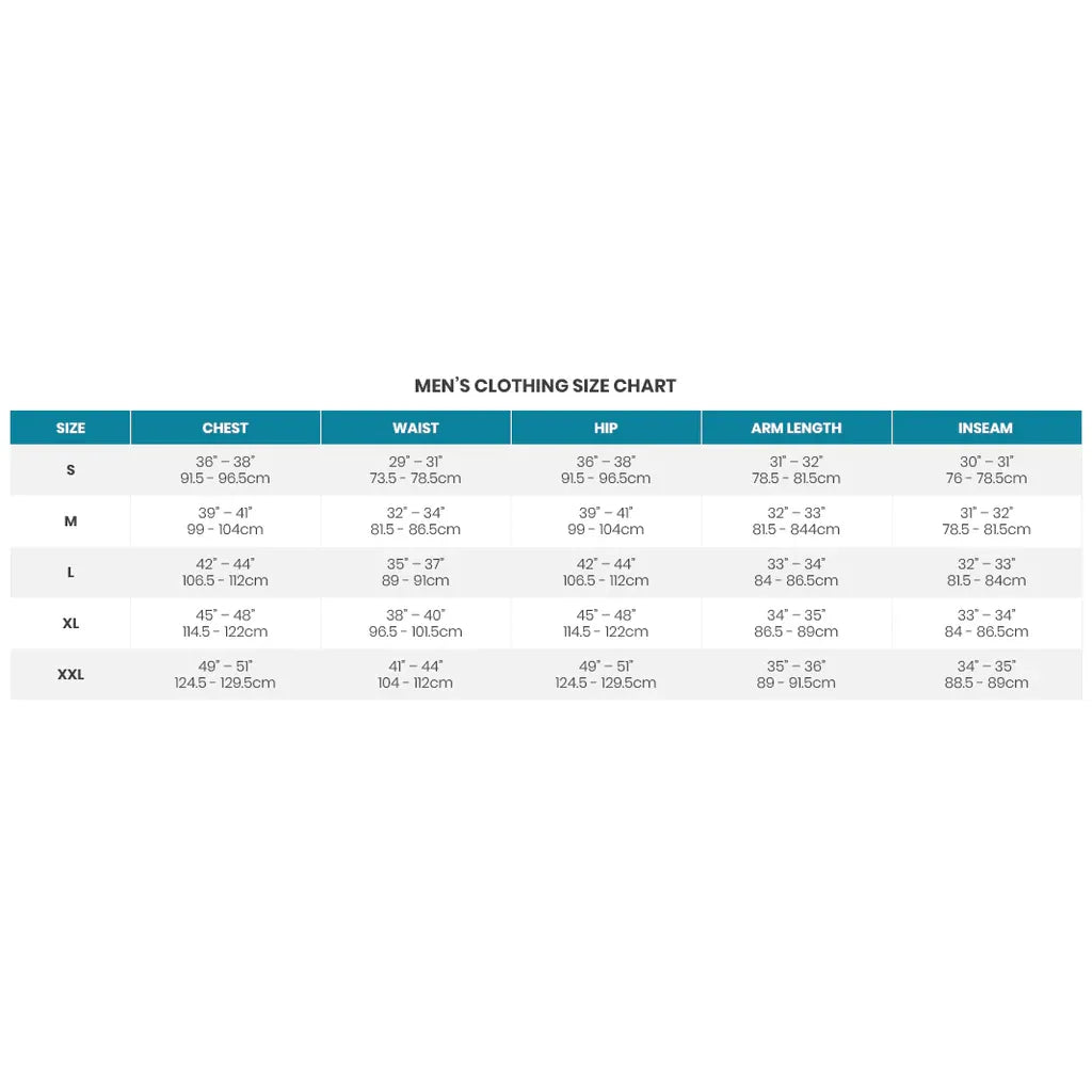 A sizing chart for men's Smartwool clothing, displaying a size table with columns for S, M, L, XL, and XXL, along with chest, waist, hip, arm length, and inseam measurements in inches and centimeters.