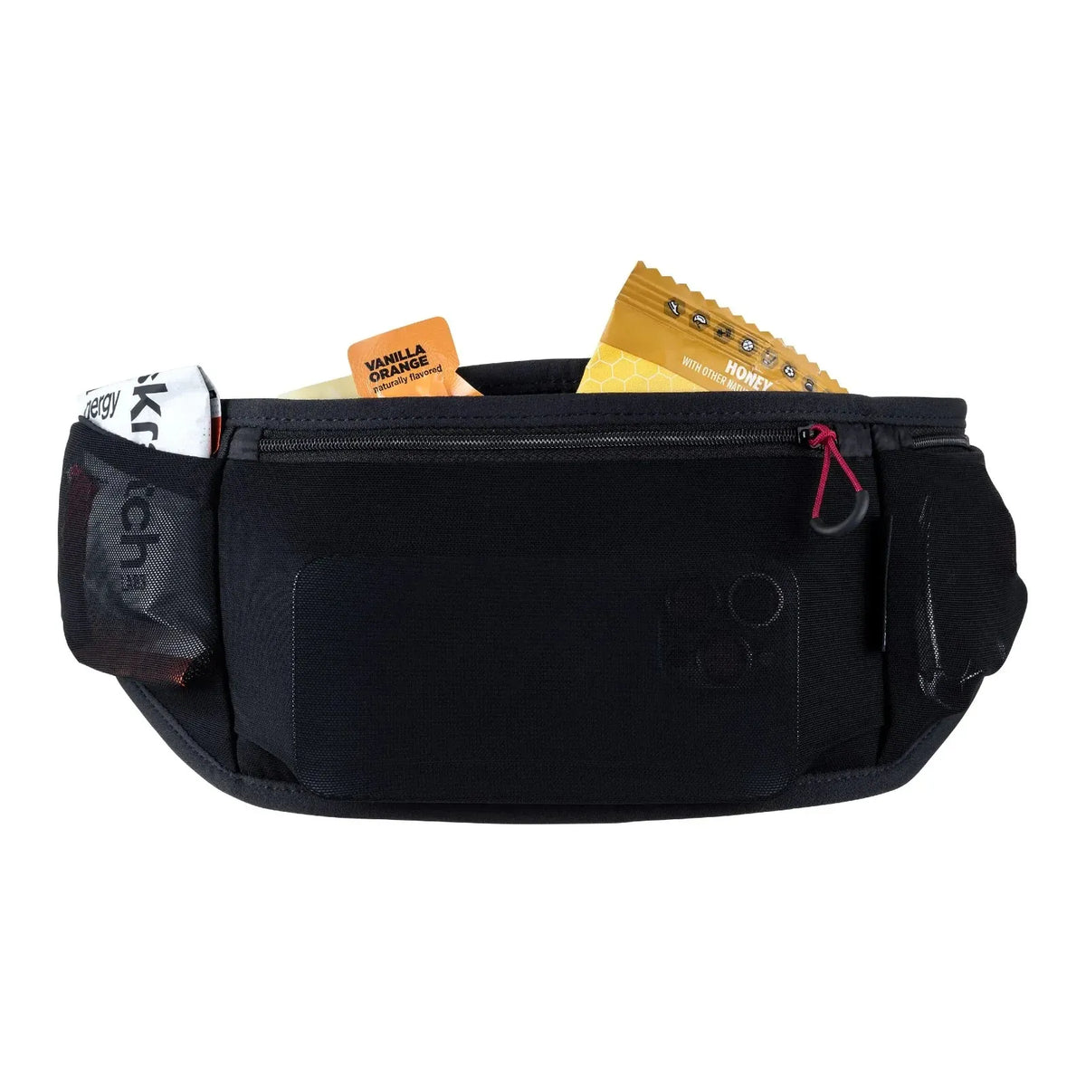 A black Ultraspire Element 2.0 waist bag shown against a plain white background, filled with various items. The bag features a front zippered pocket and an adjustable strap.