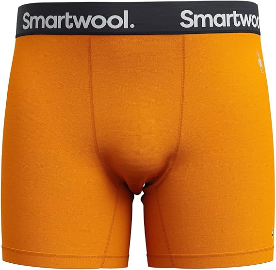 Orange boxer briefs with Smartwool waistband on a white background