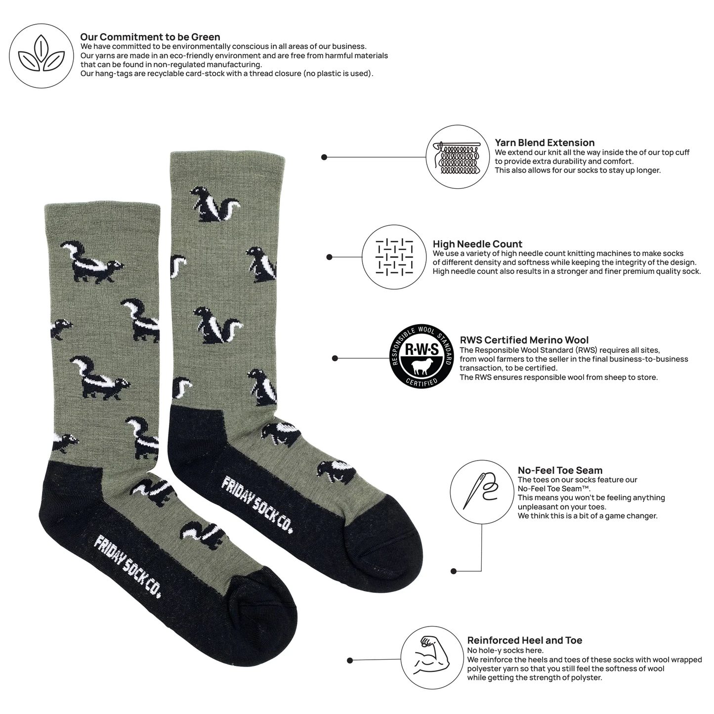 Skunk Merino Wool Socks Men's 7-12