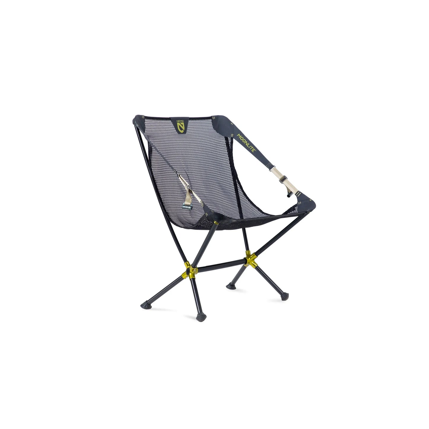 Angled view of the NEMO Moonlite Reclining Camp Chair in Black Pearl highlighting the mesh seat structure, aluminum frame hubs, and adjustable strap system.