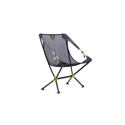 Angled view of the NEMO Moonlite Reclining Camp Chair in Black Pearl highlighting the mesh seat structure, aluminum frame hubs, and adjustable strap system.