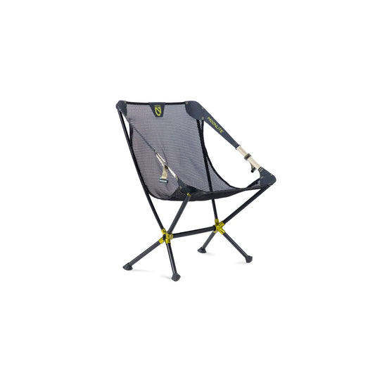 Angled view of the NEMO Moonlite Reclining Camp Chair in Black Pearl highlighting the mesh seat structure, aluminum frame hubs, and adjustable strap system.