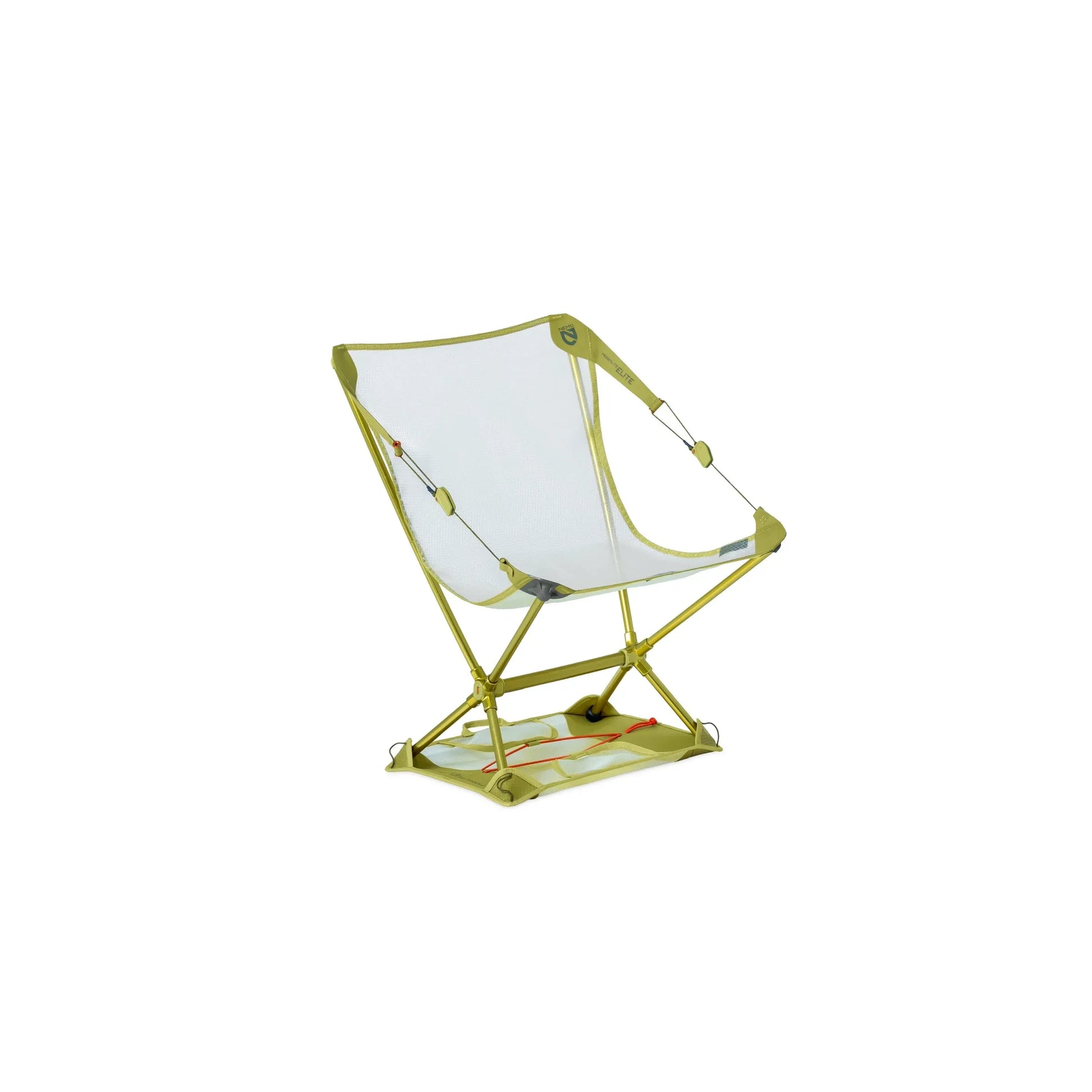 Side angled view of the green ultralight NEMO Moonlite Elite reclining chair showing its minimalist Dyneema cord suspension, included base and skeletonized aluminum hubs.