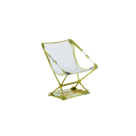 Side angled view of the green ultralight NEMO Moonlite Elite reclining chair showing its minimalist Dyneema cord suspension, included base and skeletonized aluminum hubs.