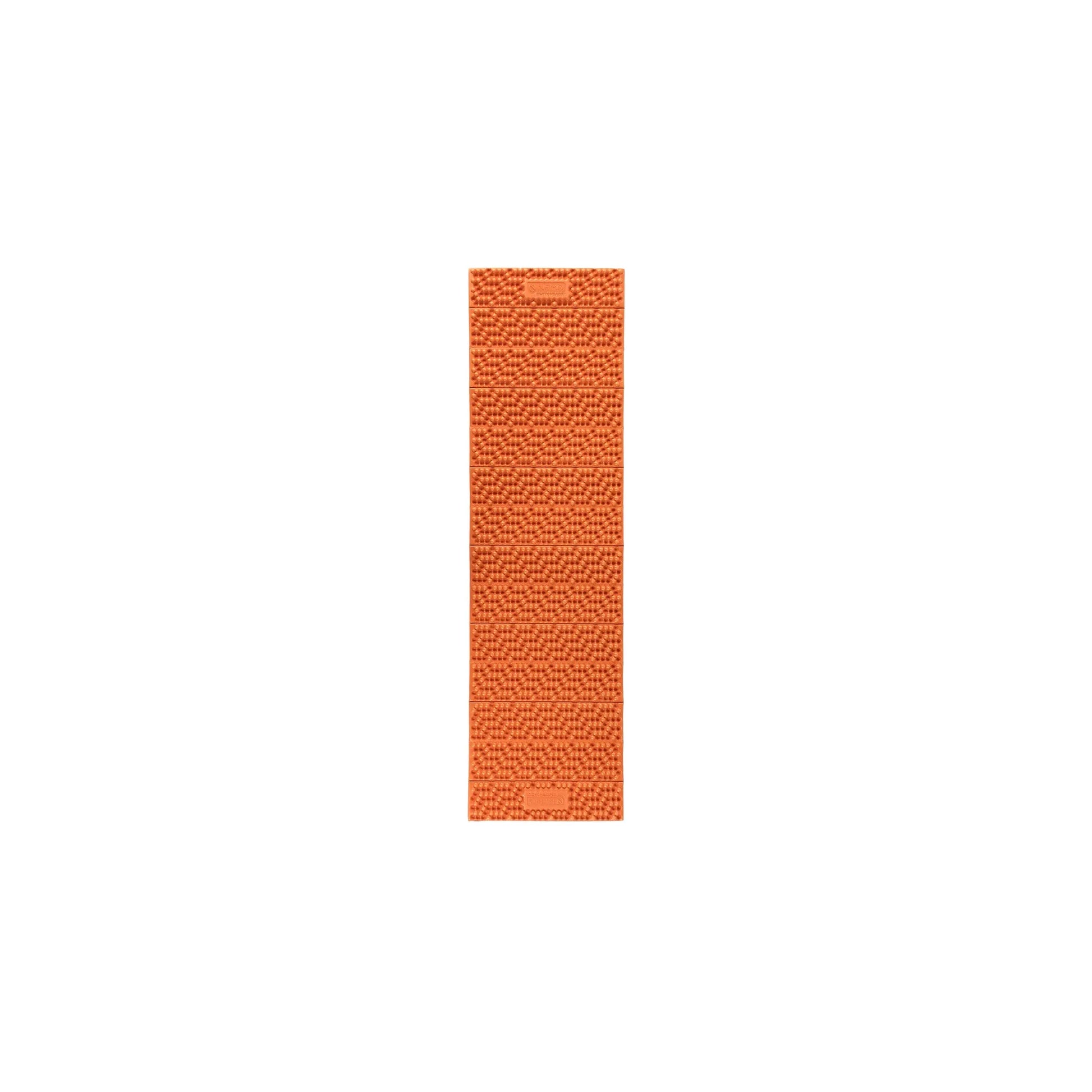 Front view of the Sunset Orange NEMO Switchback full-length foam sleeping pad showcasing its unique interlocking hexagonal node pattern and accordion folding design.