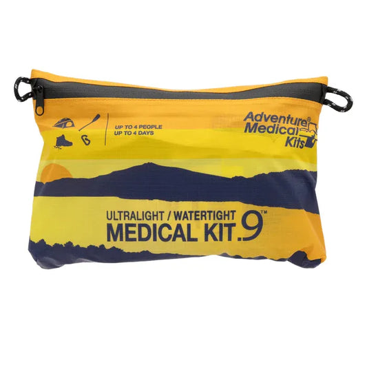 Adventure Medical Kits .9 ultralight/watertight medical kit with yellow and blue design on a white background