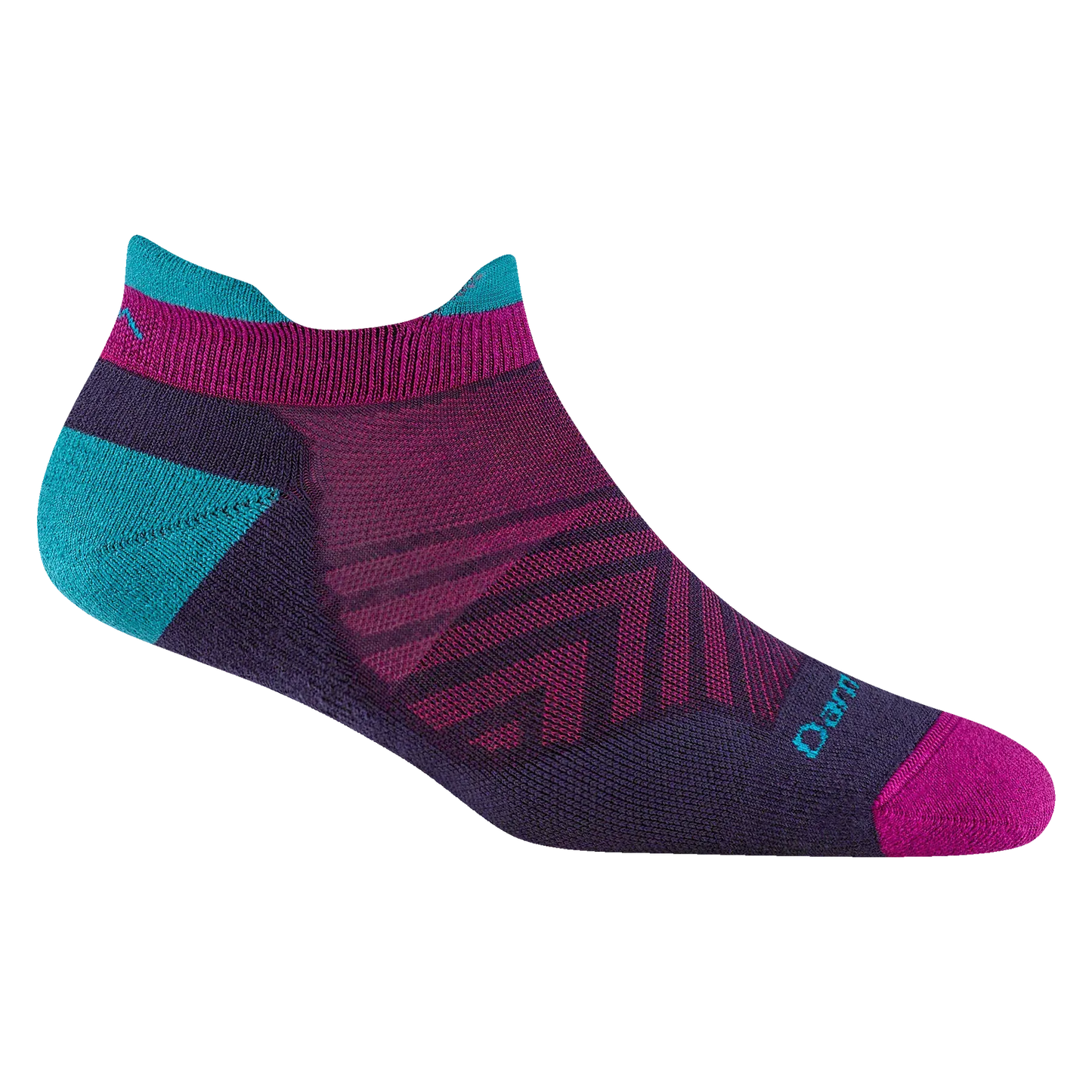 Darn Tough Purple and Multicolored running sock with geometric pattern on a white background