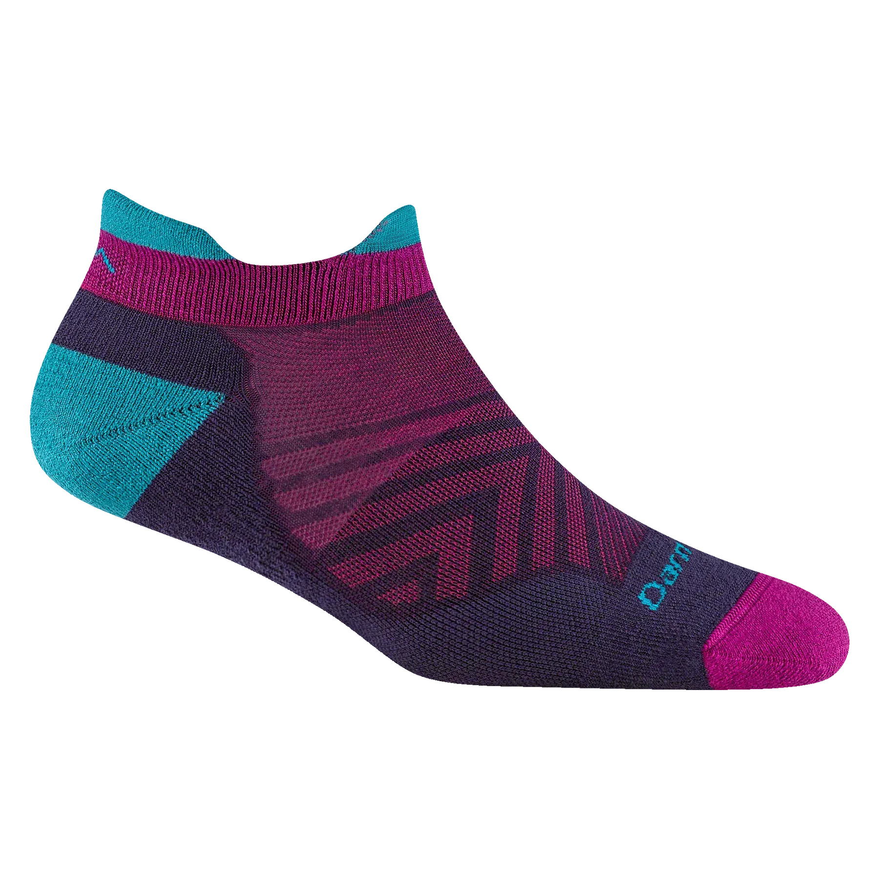 Darn Tough Purple and Multicolored running sock with geometric pattern on a white background