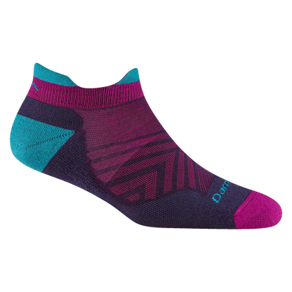 Darn Tough Purple and Multicolored running sock with geometric pattern on a white background