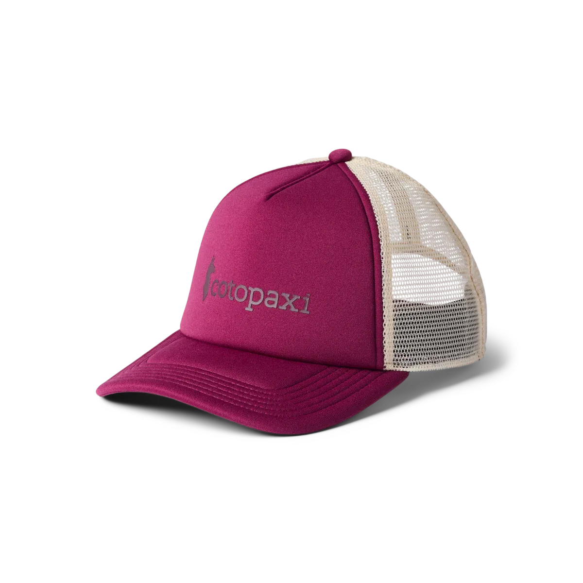 Angled view of the Cotopaxi Vintage Trucker Hat highlighting its retro foam front panel, and classic mesh back.
