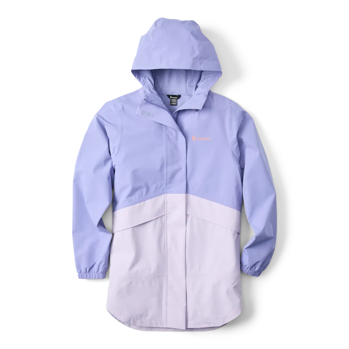 Flat lay of the Cotopaxi Women's Rayu Waterproof Rain Parka  in moonbeam colour showing its extended length, adjustable hood, and centre front storm flap.