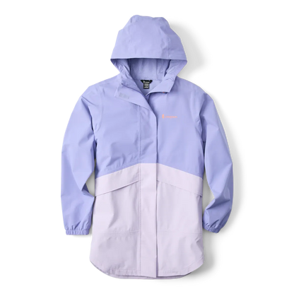 Flat lay of the Cotopaxi Women's Rayu Waterproof Rain Parka  in moonbeam colour showing its extended length, adjustable hood, and centre front storm flap.