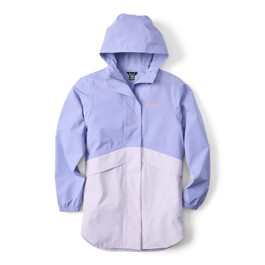 Flat lay of the Cotopaxi Women's Rayu Waterproof Rain Parka  in moonbeam colour showing its extended length, adjustable hood, and centre front storm flap.