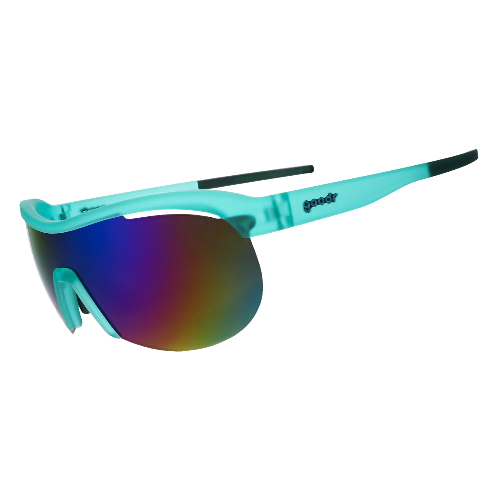 Turquoise Goodr sunglasses with a colorful lens on a white background