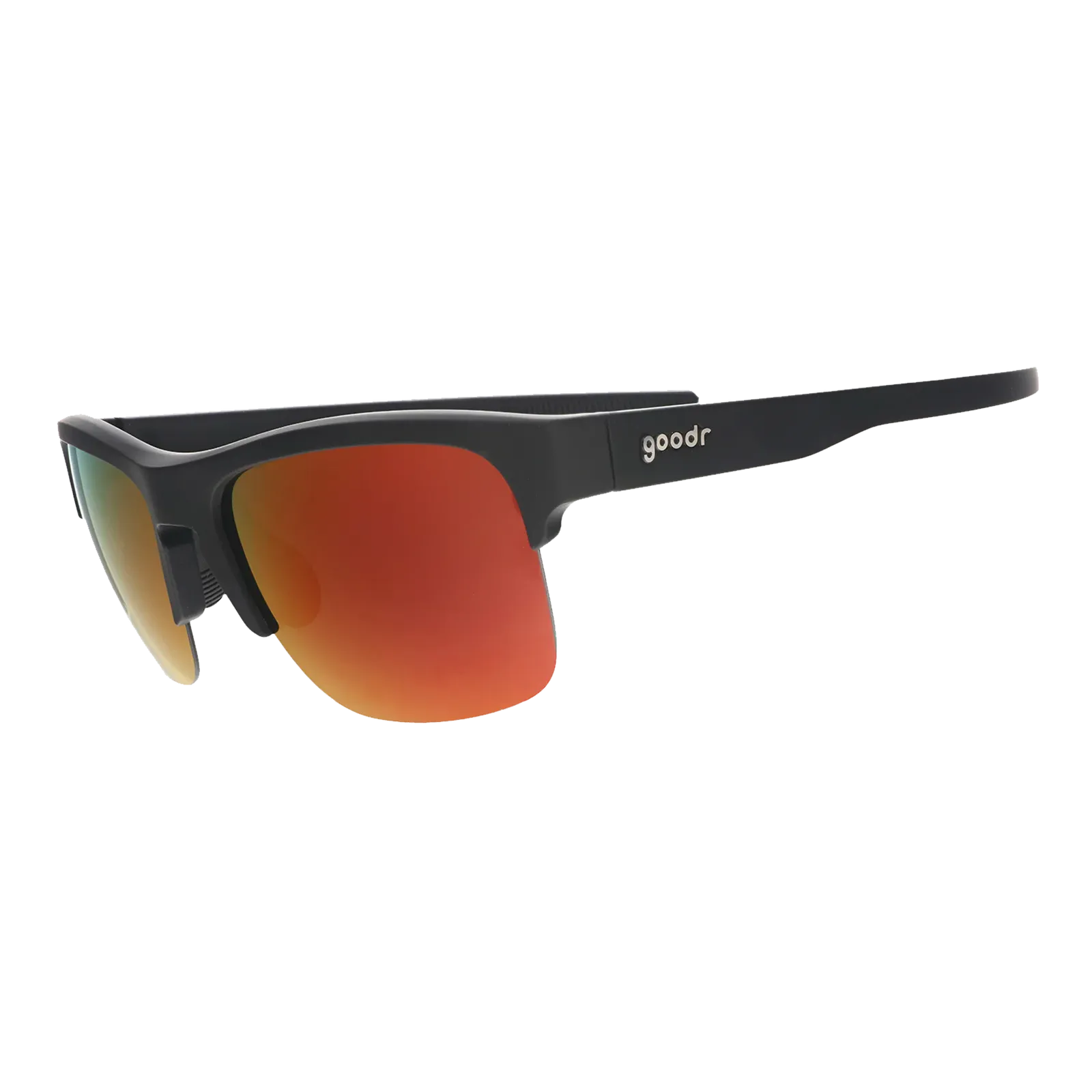 Angled view of the Goodr Unisex Flex G Sunglasses featuring a black half-rim frame and vibrant orange mirrored polarized lenses.