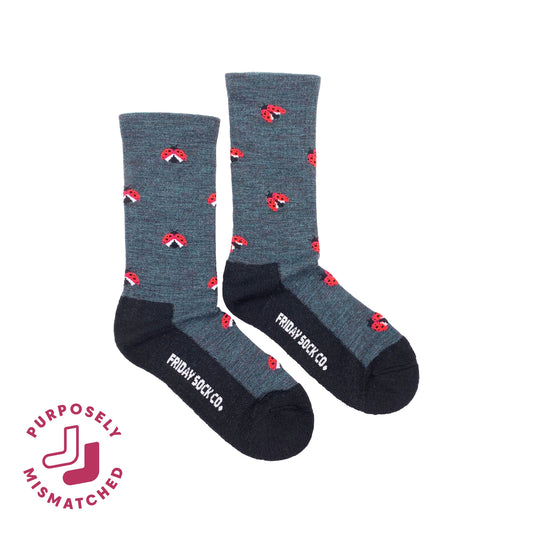A pair of crew socks from Friday Sock Co. in heathered dark gray with black toes, heels, and soles, decorated with small mismatched ladybugs.