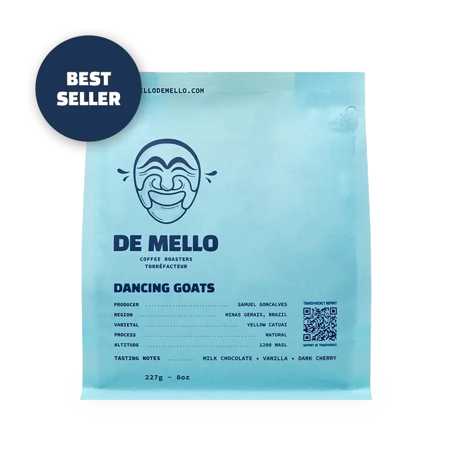 De Mello Daning Goats coffee package with branding and product details on a light blue background