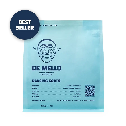 De Mello Daning Goats coffee package with branding and product details on a light blue background