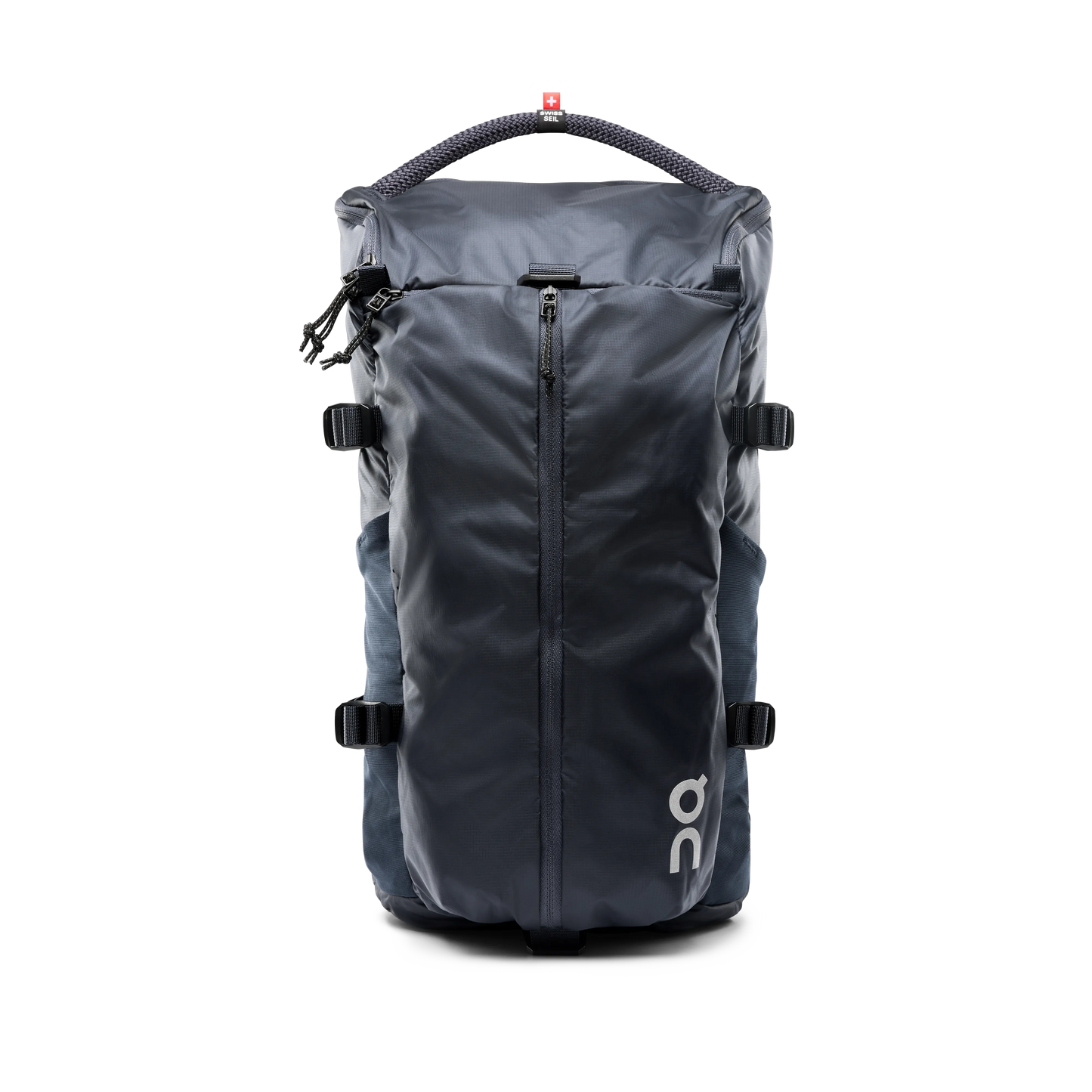 The navy On Speed Pack 18L Lite backpack displaying its expandable front pocket, Swiss Seil handles, and side mesh bottle pockets.