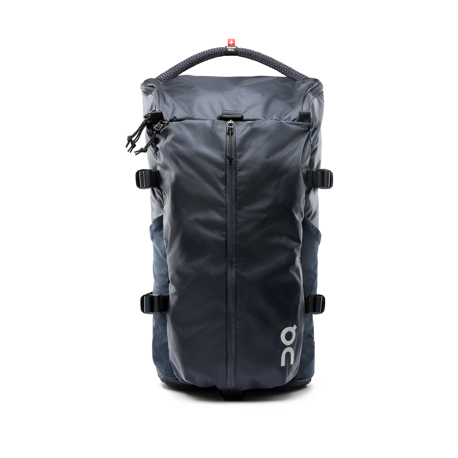 The navy On Speed Pack 18L Lite backpack displaying its expandable front pocket, Swiss Seil handles, and side mesh bottle pockets.