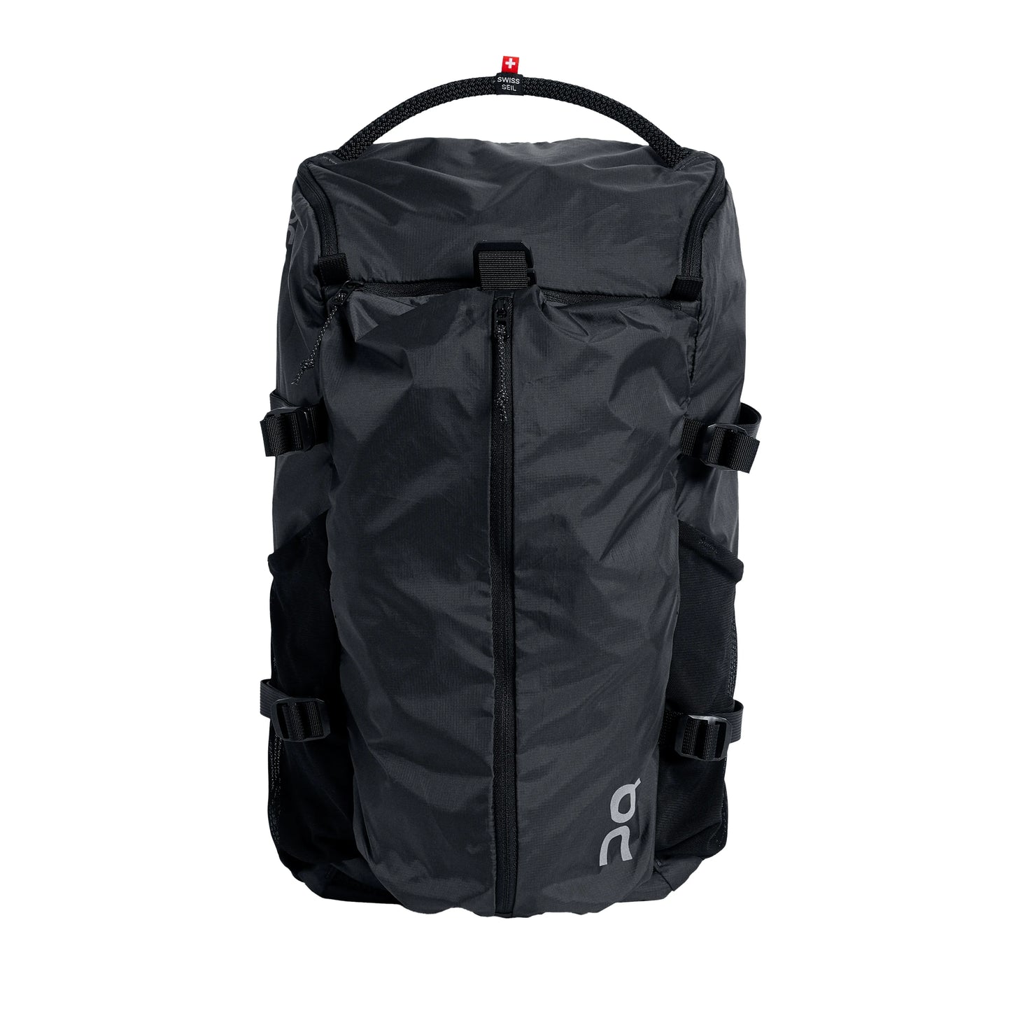 The black On Speed Pack 18L Lite backpack displaying its expandable front pocket, Swiss Seil handles, and side mesh bottle pockets.