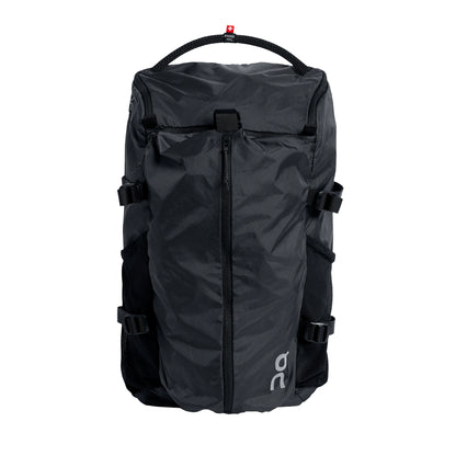 The black On Speed Pack 18L Lite backpack displaying its expandable front pocket, Swiss Seil handles, and side mesh bottle pockets.