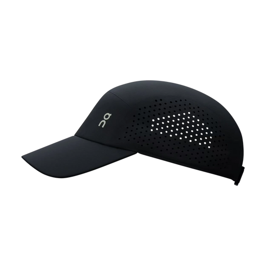 Side view of the black On Lightweight Technical Running Cap showcasing its perforated side ventilation panels and reflective front logo.