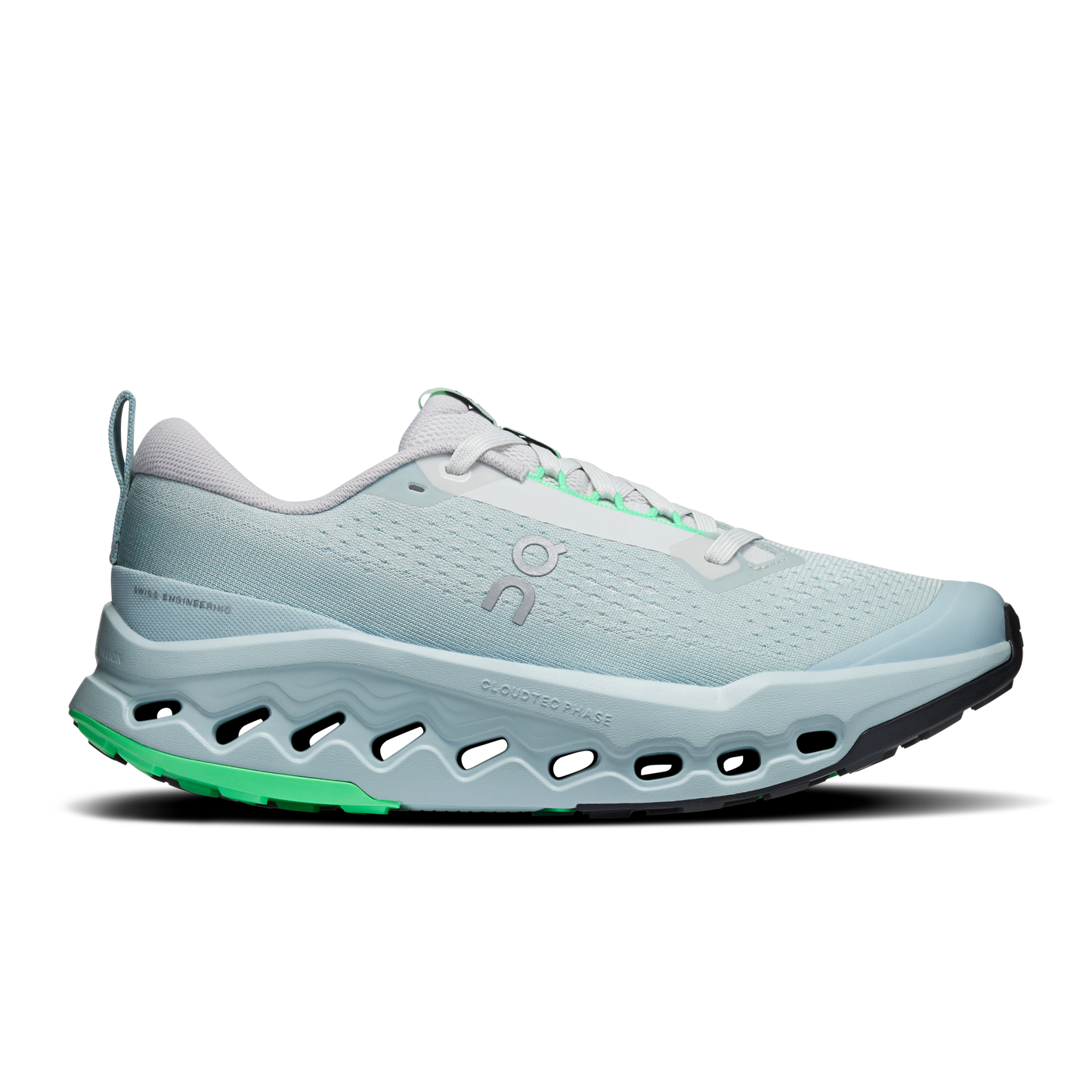 A light gray Cloudsurfer Trail 2 running shoe with bright green accents on the midsole and laces, shown from a side profile on a white background.