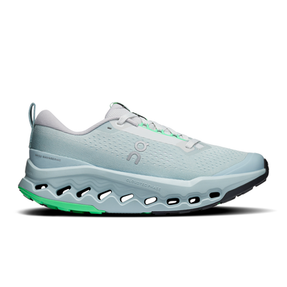 A light gray Cloudsurfer Trail 2 running shoe with bright green accents on the midsole and laces, shown from a side profile on a white background.