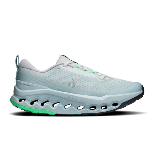 A light gray Cloudsurfer Trail 2 running shoe with bright green accents on the midsole and laces, shown from a side profile on a white background.