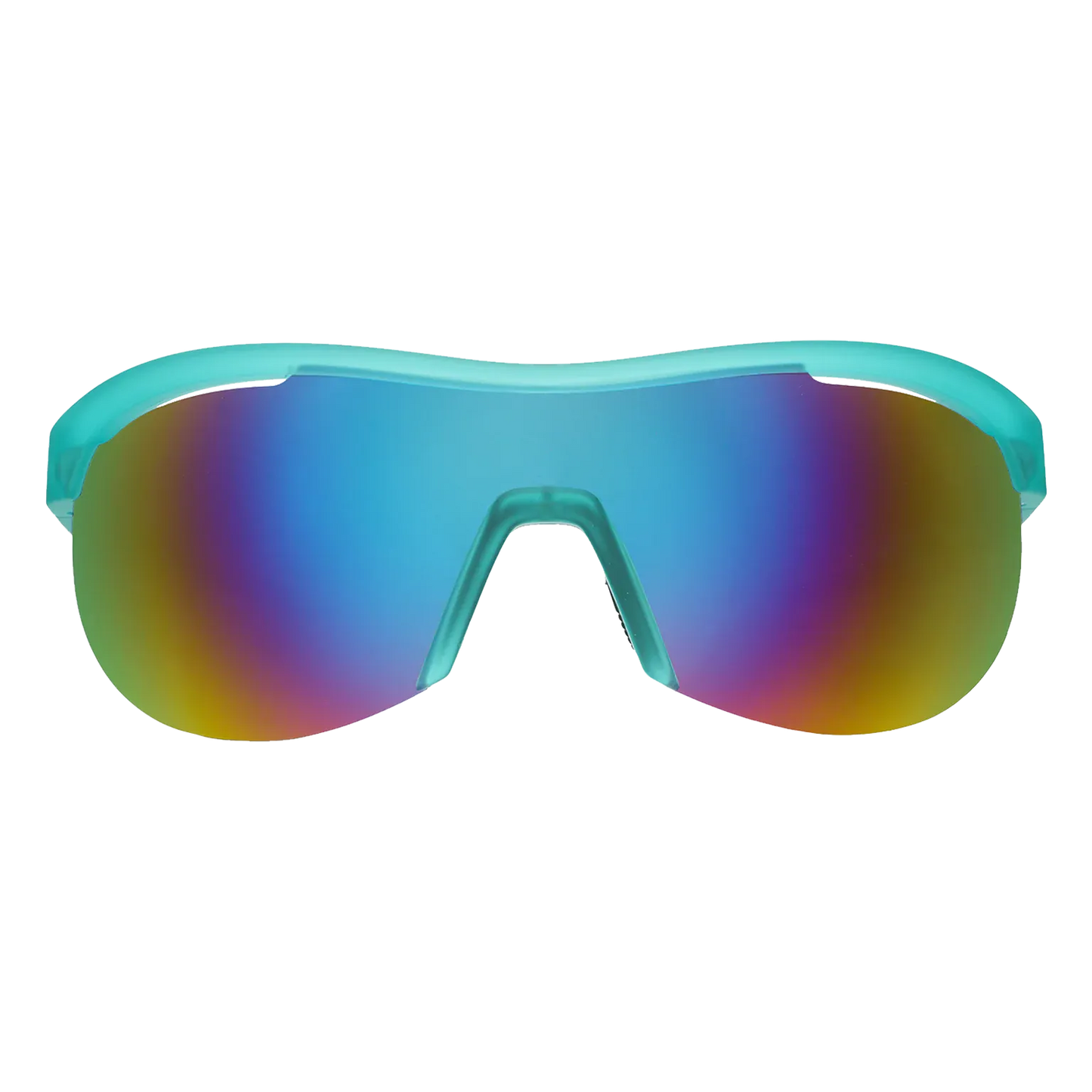 Goodr wraparound Sunglasses with turquoise frame and multicolored lenses on a white background