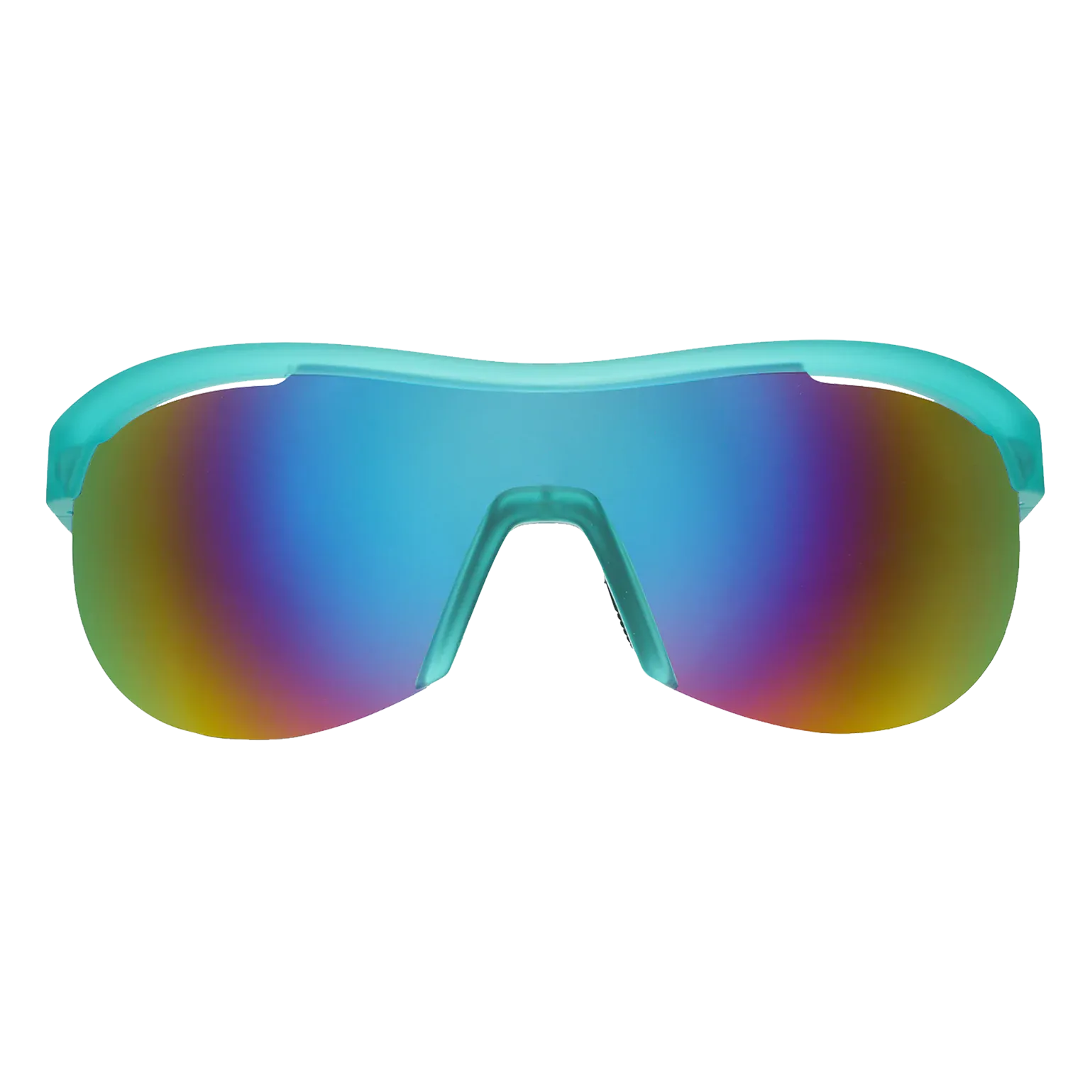 Goodr wraparound Sunglasses with turquoise frame and multicolored lenses on a white background