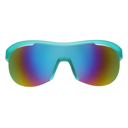 Goodr wraparound Sunglasses with turquoise frame and multicolored lenses on a white background