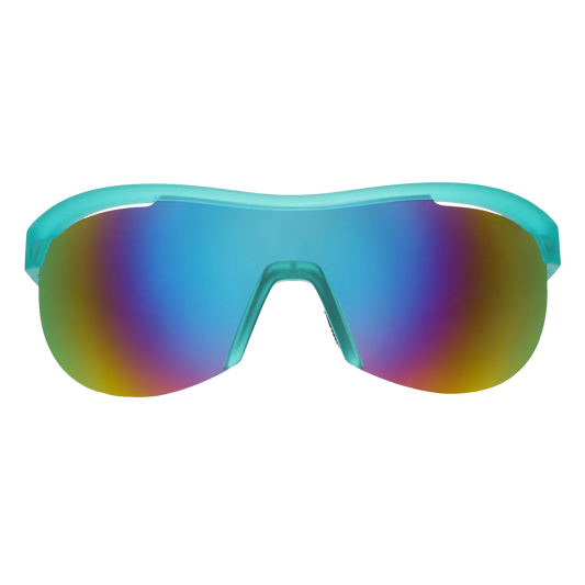 Goodr wraparound Sunglasses with turquoise frame and multicolored lenses on a white background
