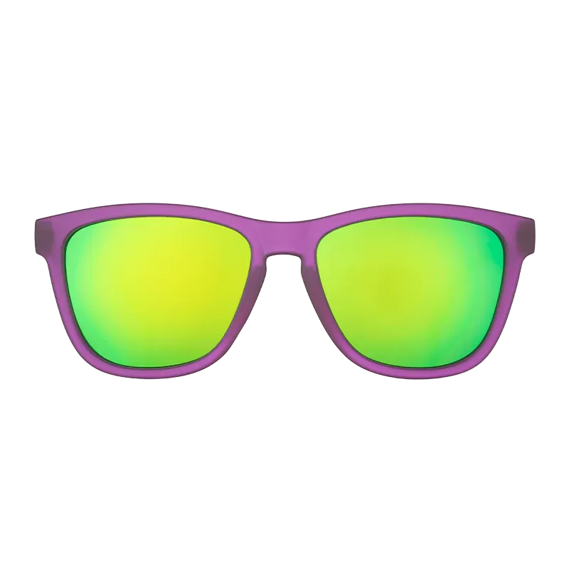 Goodr Gardening With A Kraken sport sunglasses featuring a solid purple frame and green reflective mirrored lenses.