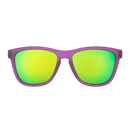 Goodr Gardening With A Kraken sport sunglasses featuring a solid purple frame and green reflective mirrored lenses.