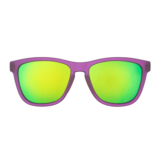 Goodr Gardening With A Kraken sport sunglasses featuring a solid purple frame and green reflective mirrored lenses.