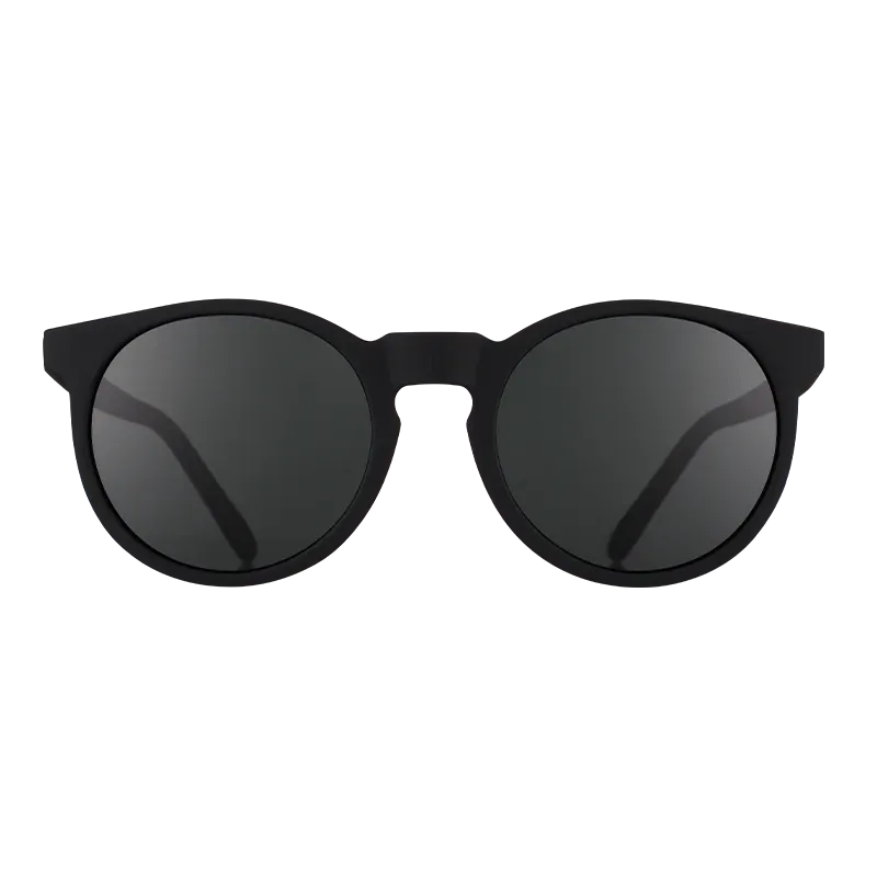 Goodr Circle G polarized sunglasses shown from the front in It's Not Black It's Obsidian round frame.