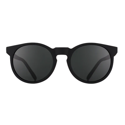 Goodr Circle G polarized sunglasses shown from the front in It's Not Black It's Obsidian round frame.