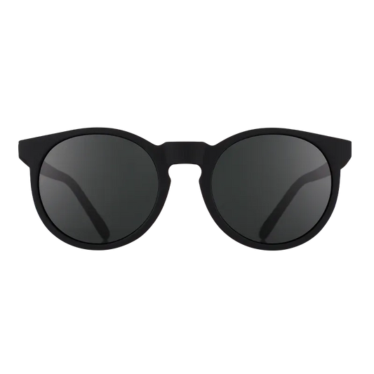 Goodr Circle G polarized sunglasses shown from the front in It's Not Black It's Obsidian round frame.