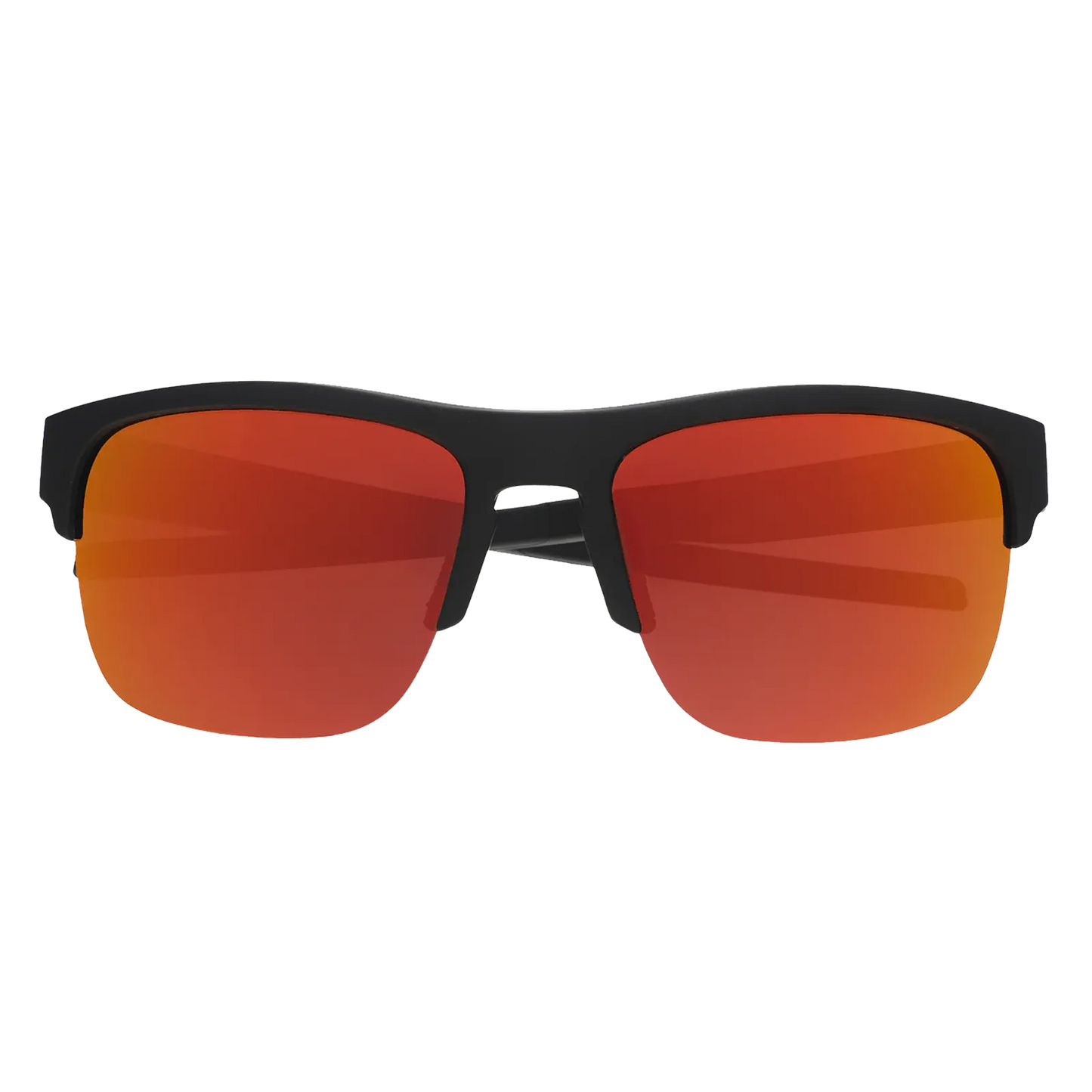 Front view of the Goodr Unisex Flex G Sunglasses featuring a black half-rim frame and vibrant orange mirrored polarized lenses.