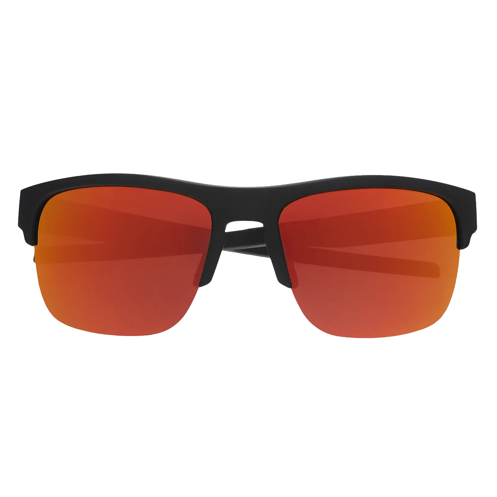 Front view of the Goodr Unisex Flex G Sunglasses featuring a black half-rim frame and vibrant orange mirrored polarized lenses.